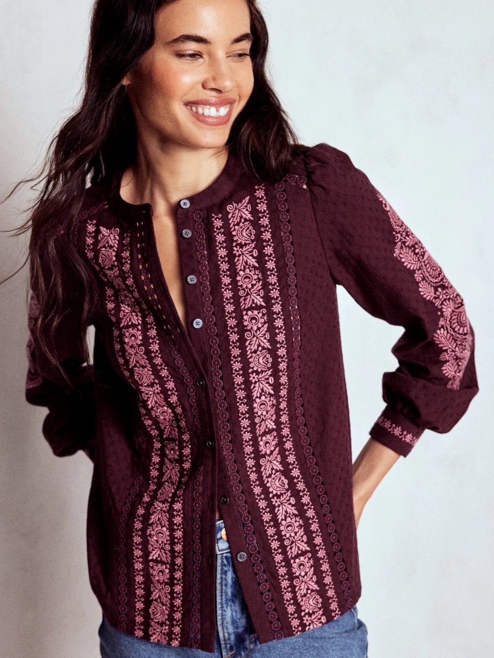 Boden Embroidered Cotton Top- Dark Cherry - Picture 5 of 6